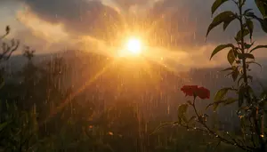 Image of sun though rain for Freedom From Negative Thoughts page on InnerPeaceNow.com