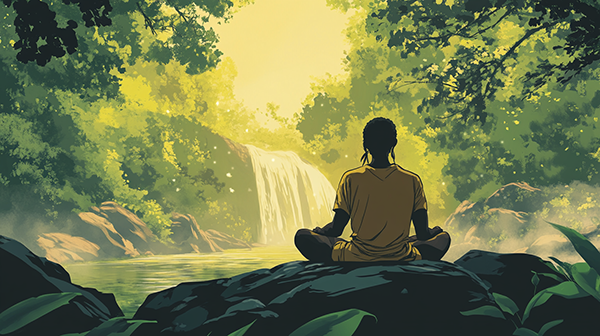 Person meditating in front of waterfall for "Acceptance and Inner Peace" page on InnerPeaceNow.com