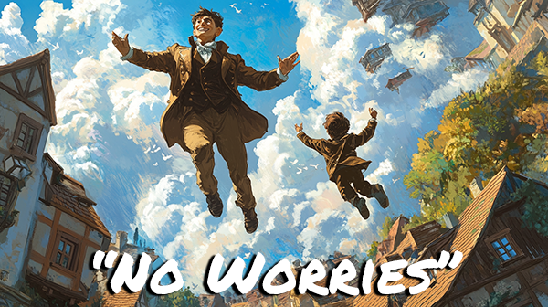 Artwork of people flying through the air, cover art for No Worries bedtime story. Artwork of people flying through the air, cover art for No Worries bedtime story.