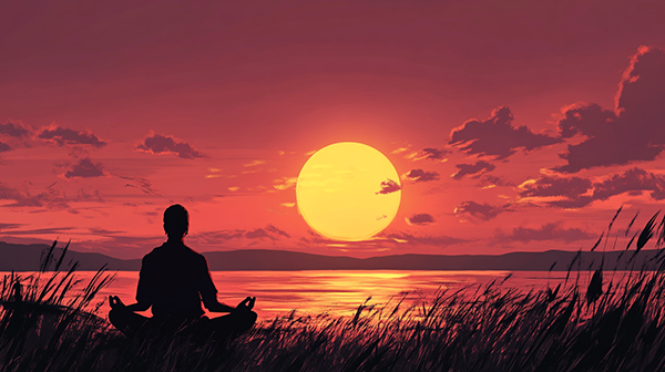 Image of sunset and meditating person for Finding Happiness At Work page on InnerPeaceNow.com