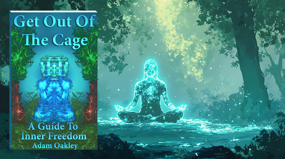 Book art for "Get Out Of The Cage: A Guide To Inner Freedom" by Adam Oakley. A person meditating in a forest with the book cover to the left.