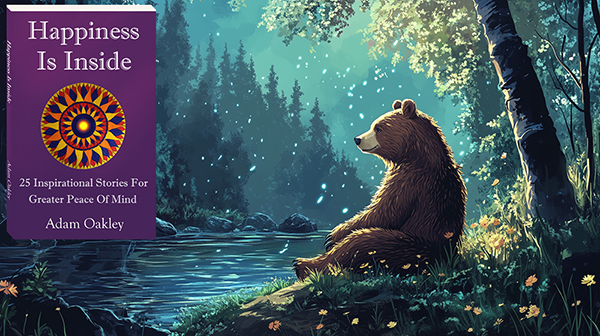 Book art for Happiness Is Inside Bedtime Stories by Adam Oakley. A bear sitting by a lake looks at a book cover in front of himself. Book art for Happiness Is Inside Bedtime Stories by Adam Oakley. A bear sitting by a lake looks at a book cover in front of himself.