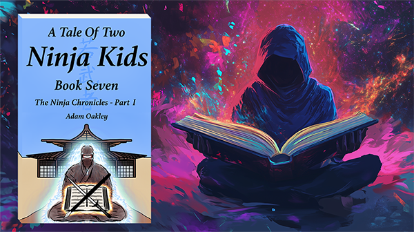 Book cover art of ninja reading book with cover of A Tale Of Two Ninja Kids Book 1 to the right