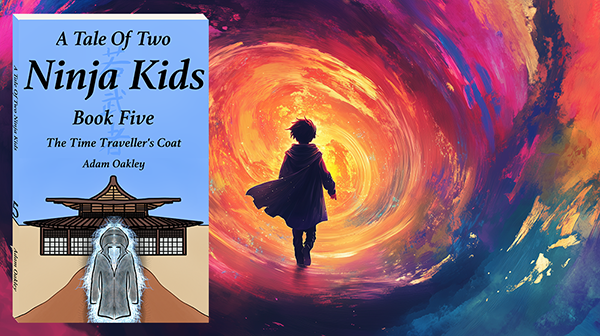 Book art of swirling vortex and time traveler beside A Tale Of Two Ninja Kids Book 5 cover