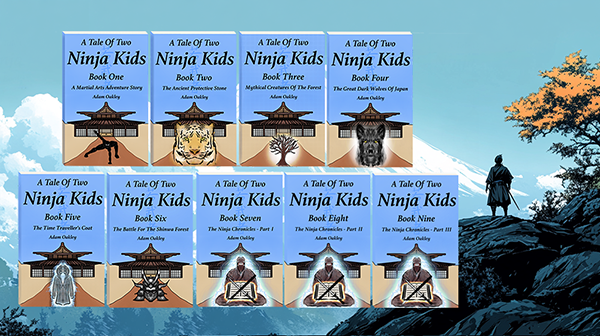 Book art for "A Tale Of Two Ninja Kids: A Martial Arts Adventure Book Series" by Adam Oakley. A ninja stands and stares into the distance with the series of books to his left. Book art for "A Tale Of Two Ninja Kids: A Martial Arts Adventure Book Series" by Adam Oakley. A ninja stands and stares into the distance with the series of books to his left.