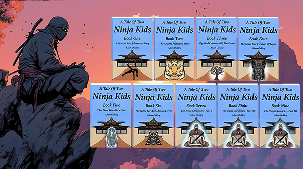 Book art for "A Tale Of Two Ninja Kids: A Martial Arts Adventure Book Series" by Adam Oakley. A ninja stands and stares into the distance with the series of books to his right,