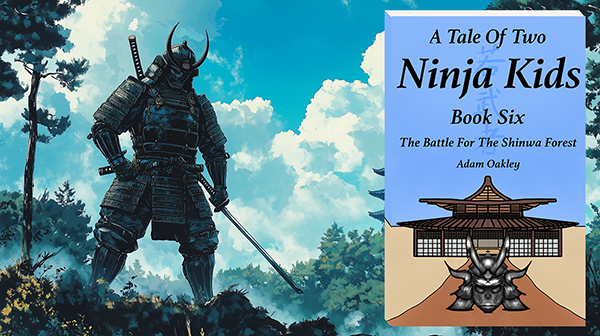 Book art of Samurai warrior standing beside cover for A Tale Of Two Ninja Kids Book 6