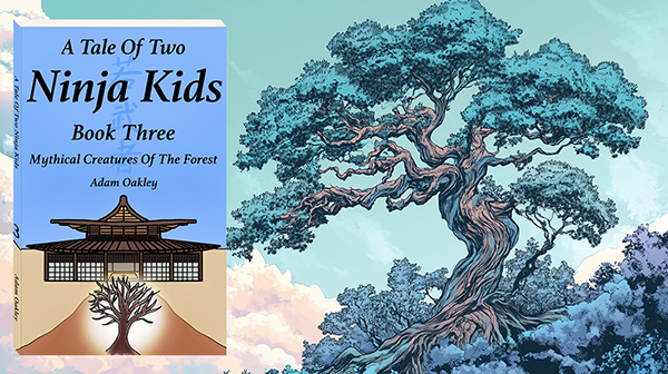 Book art of tree in background of A Tale Of Two Ninja Kids Book 3