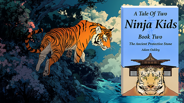 Book art of tiger in forest for A Tale Of Two Ninja Kids Book 2.