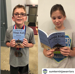 Two happy readers with A Tale Of Two Ninja Kids books Two happy readers with A Tale Of Two Ninja Kids books